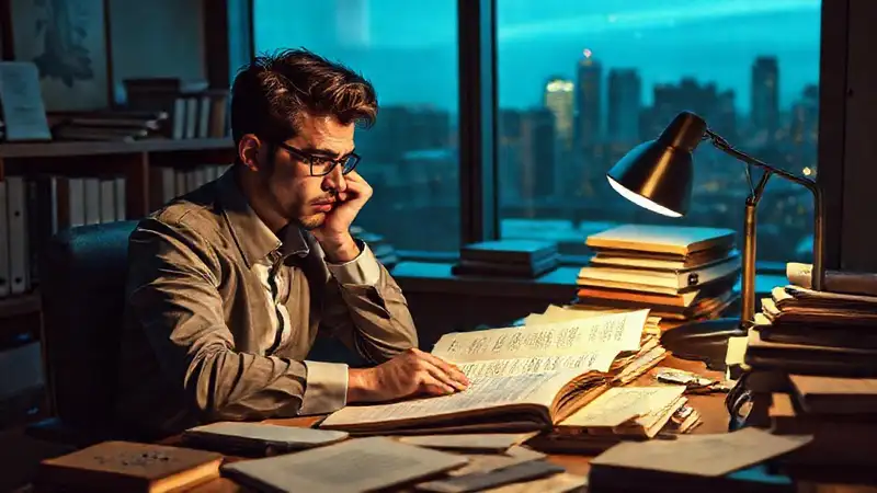 Estudiante de ley estresado en escritorio desordenado