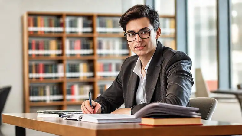 Estudiante de derecho enfocado en biblioteca moderna