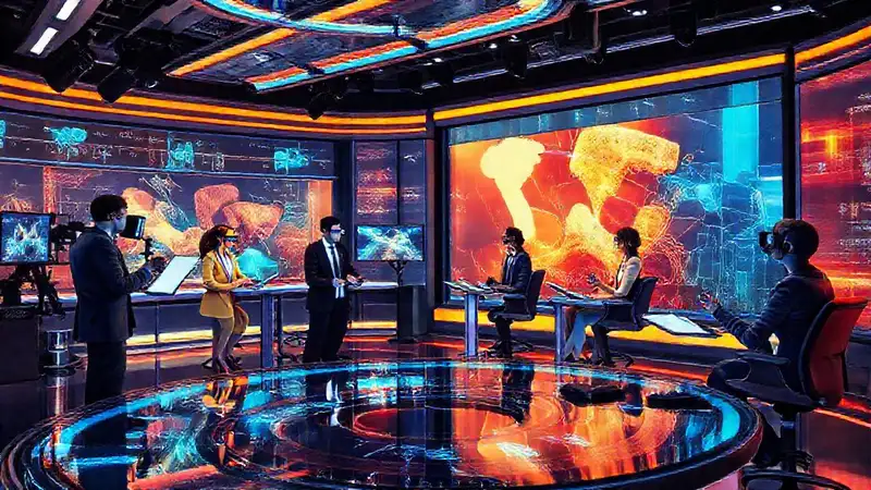 Sala de noticias futurista con tecnología avanzada