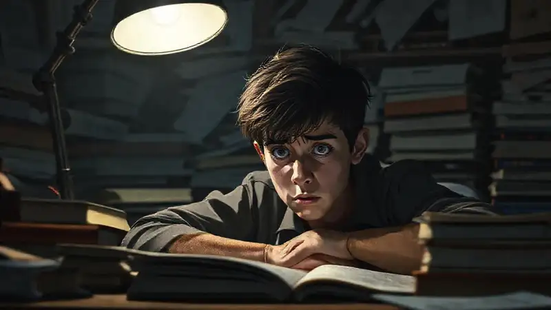 Estudiante ansiosa estudiando tarde en la noche