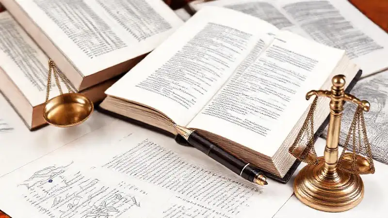 Libros jurídicos, balanza y bolígrafo