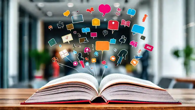 Libro abierto con iconos sociales y profesionales