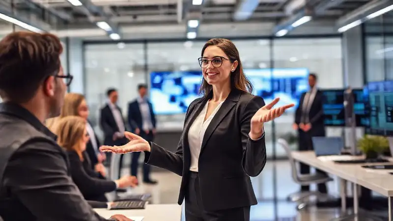 Mujer de negocios presenta en oficina moderna