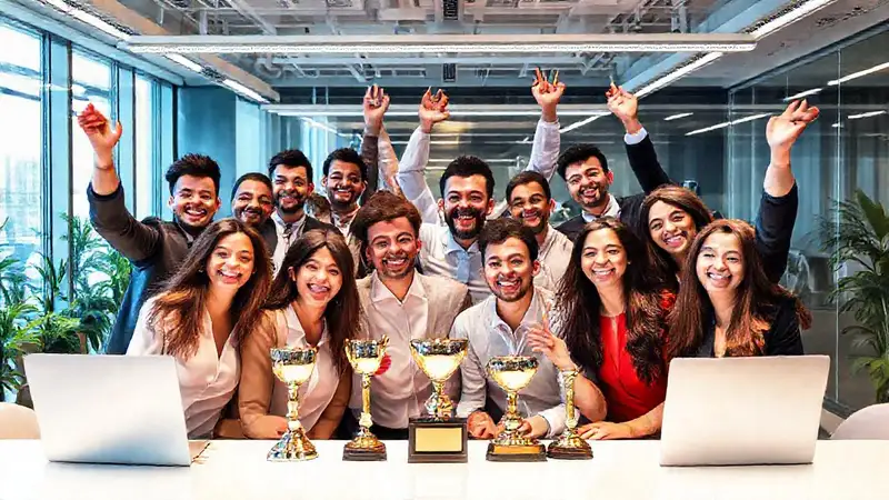 Equipo de negocio celebrando éxito en oficina moderna