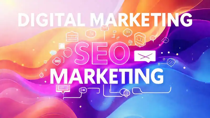 Marketing digital con iconos y colores vibrantes