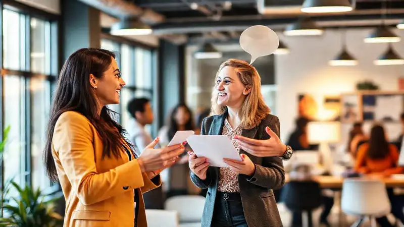 Profesionales colaborando en oficina moderna y positiva