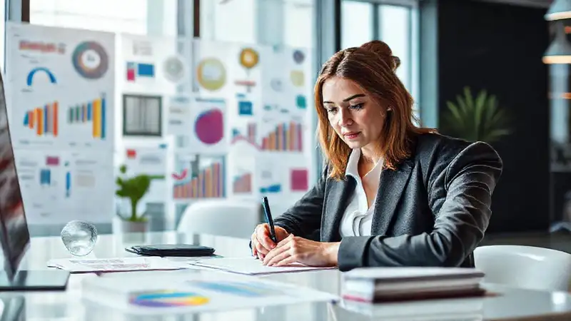 Mujer profesional escribiendo en oficina moderna