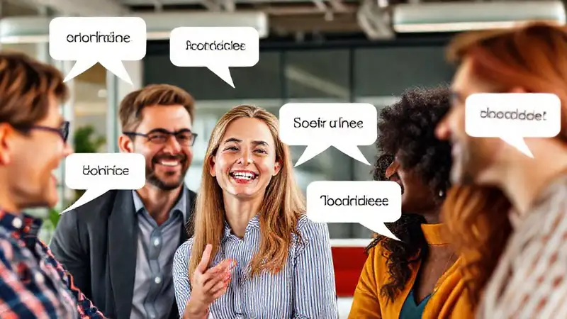 Personas sonrientes comunicándose en oficina moderna