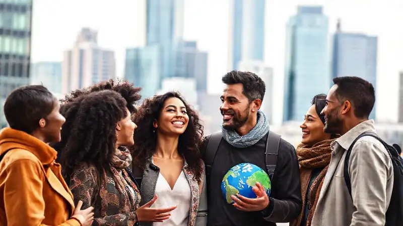 Personas diversas en diálogo en ciudad vibrante