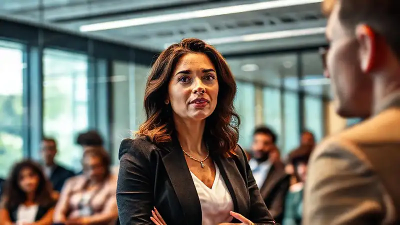 Mujer profesional habla con confianza ante audiencia