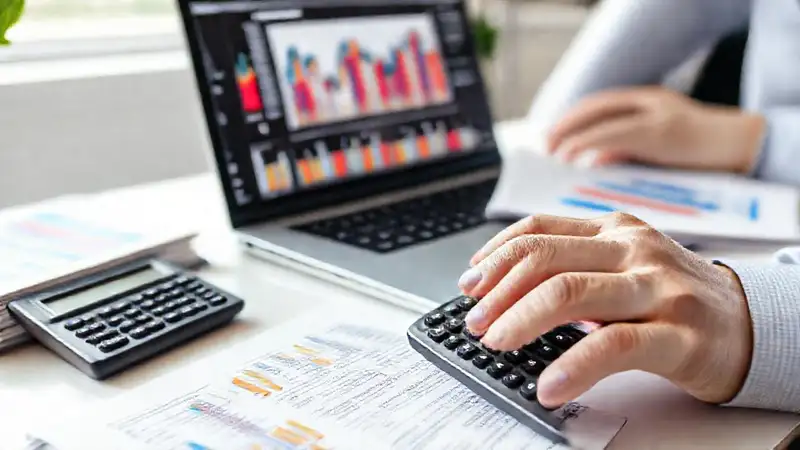 Calculadora digital, libros, laptop y gráficos financieros