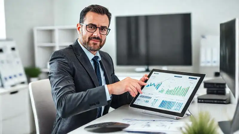 Profesional analizando datos financieros en oficina moderna