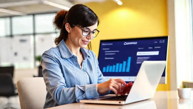 Mujer calcula en laptop en oficina moderna