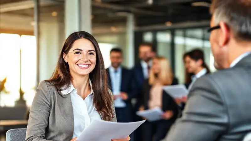 Entrevista profesional en oficina moderna y positiva