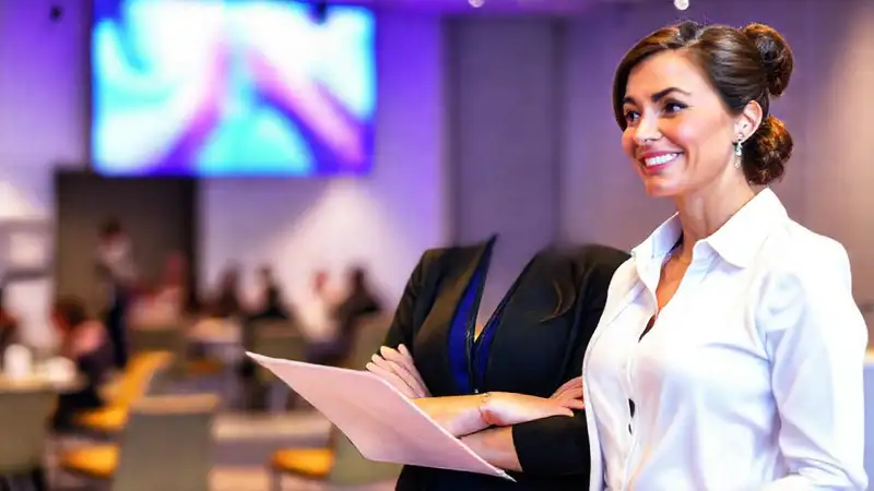 Mujer profesional organiza evento en espacio moderno