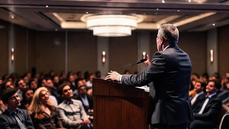 Orador confiado inspira a audiencia diversa