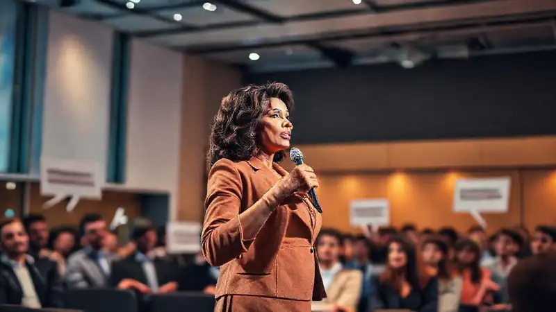 Mujer poderosa inspira audiencia en conferencia moderna