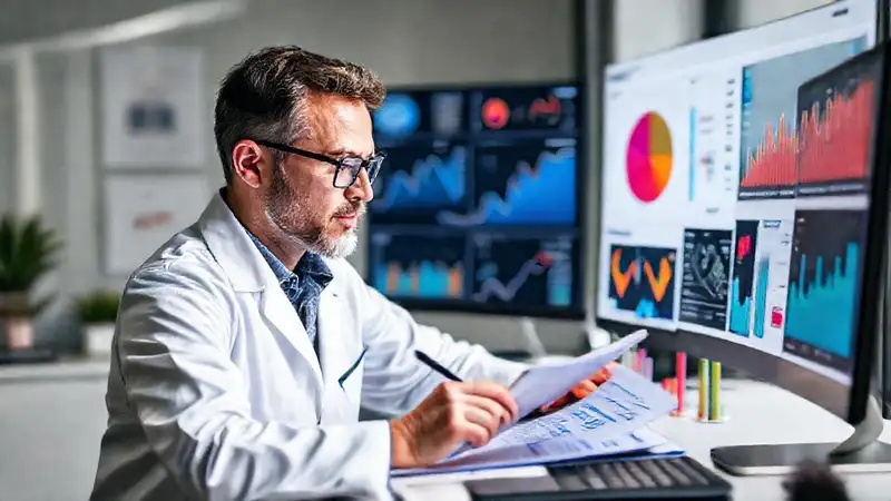 Investigador analiza datos en entorno profesional modernamente