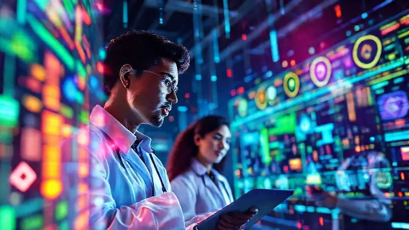 Interfaz digital futurista con hologramas y datos