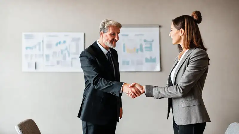 Negociación empresarial con mediador y apretón de manos