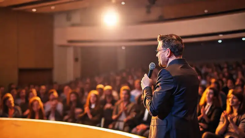 Orador confiado inspira audiencia en escenario moderno