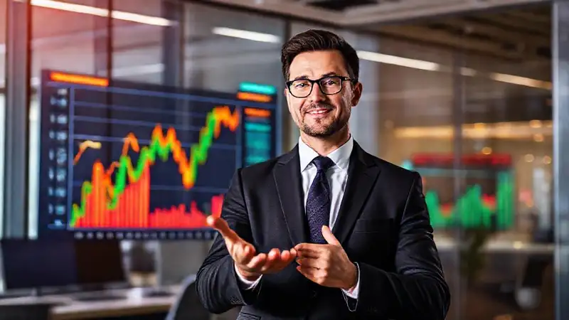 Presentador profesional con gráficos financieros modernos y vibrantes