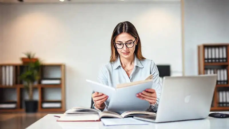 Abogada estudia en oficina moderna y minimalista