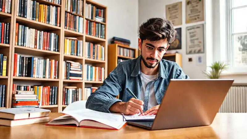 Estudiante estudiando en sala moderna y ordenada