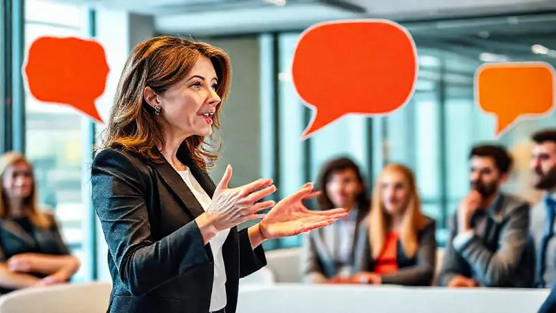 Mujer profesional habla con pasión y entusiasmo