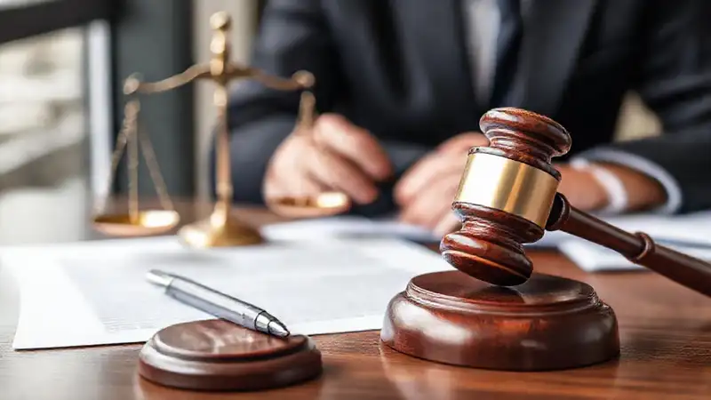 Abogado en oficina con símbolos legales