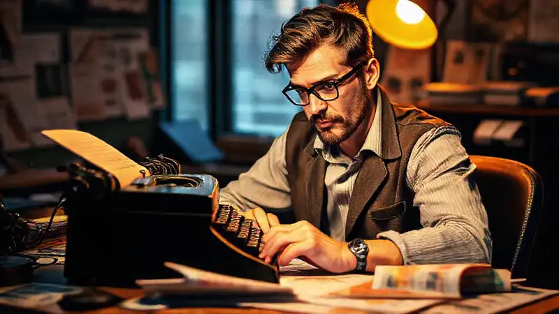 Periodista escribiendo con máquina vintage y energía