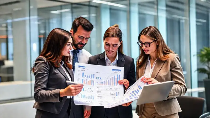 Profesionales revisando finanzas en oficina moderna