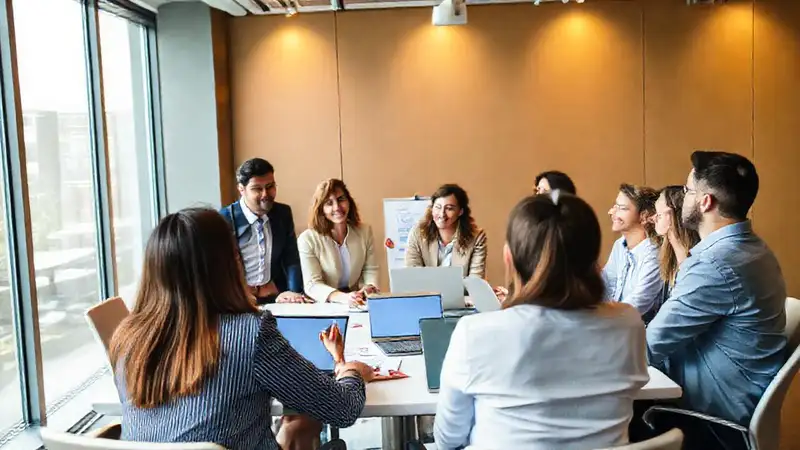 Reunión de negocio con equipo diverso y colaborativo