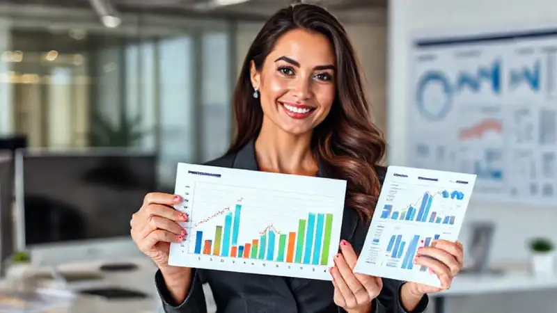 Mujer de negocios presenta gráficos financieros confiada