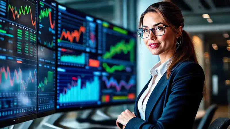 Mujer de negocios analiza datos financieros digitales