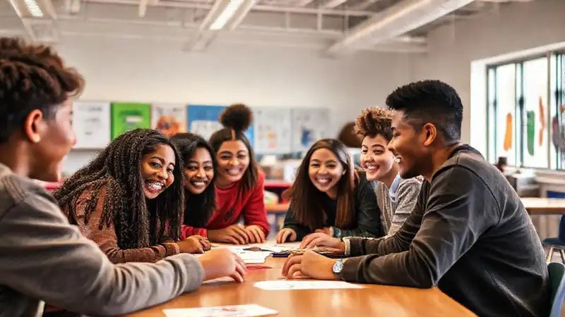 Estudiantes diversos colaboran y comparten ideas
