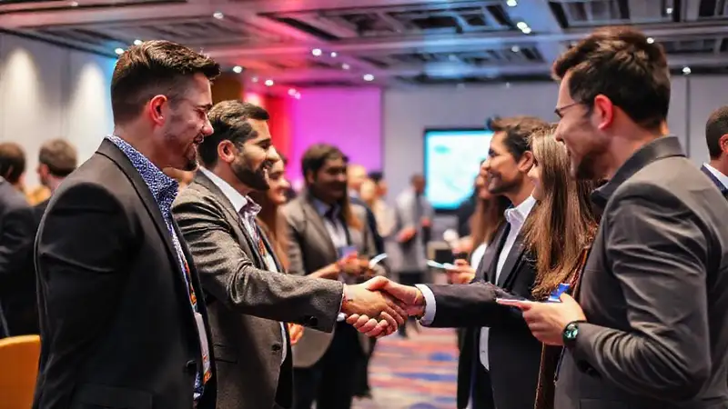 Evento de networking con personas intercambiando tarjetas