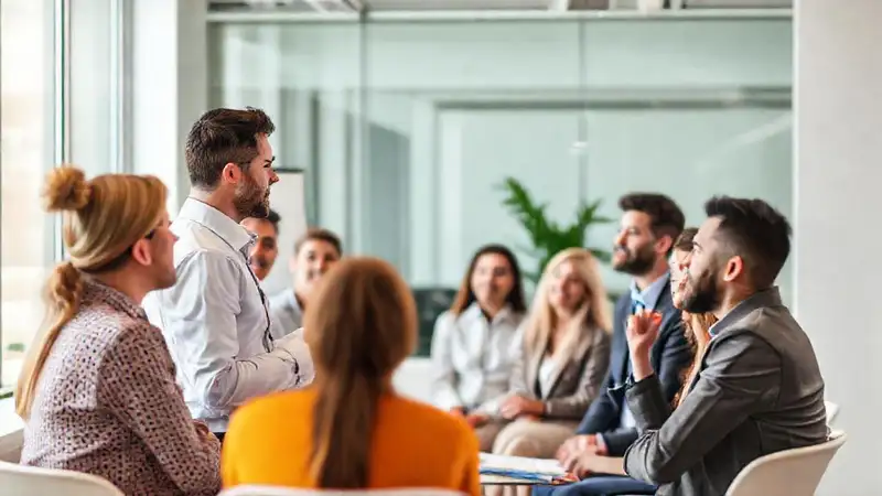 Profesional presenta en oficina moderna ante audiencia