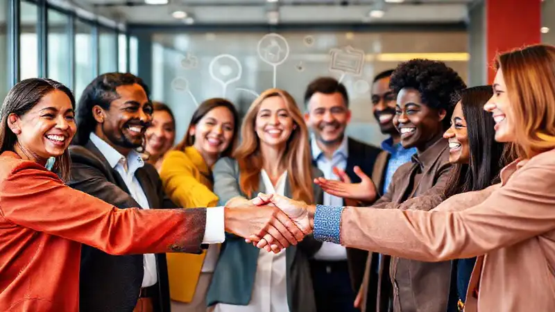 Personas conectadas y sonriendo en colaboración