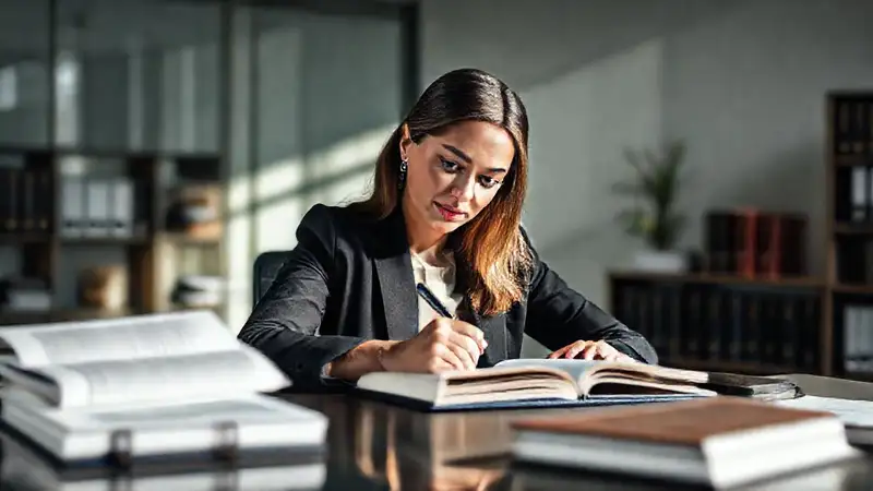 Mujer segura escribe entre libros en oficina