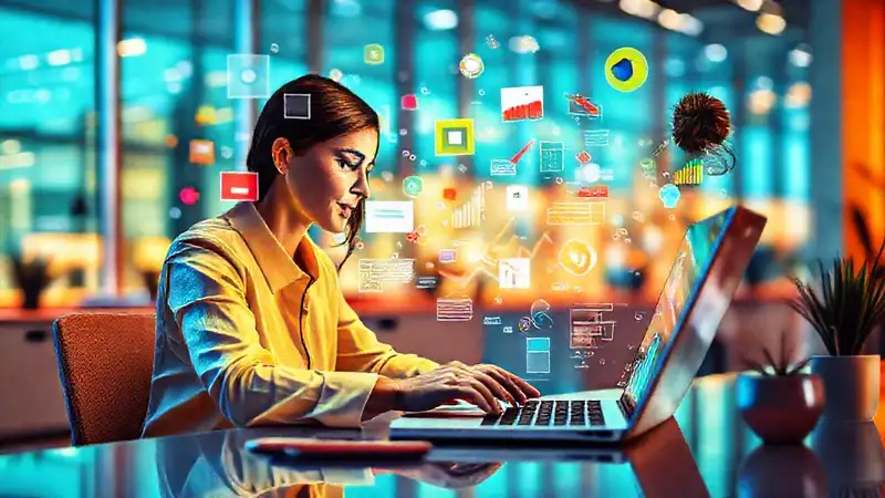 Mujer usando herramientas digitales en oficina moderna