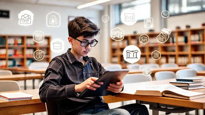 Estudiante con tecnología y recursos educativos digitales
