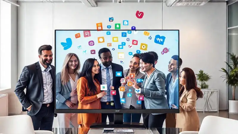 Equipo diverso colaborando en redes sociales digital