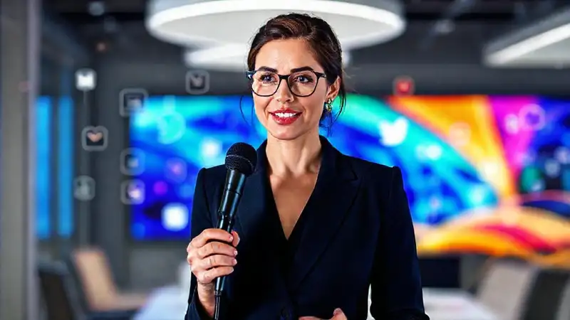 Mujer profesional hablando con íconos sociales