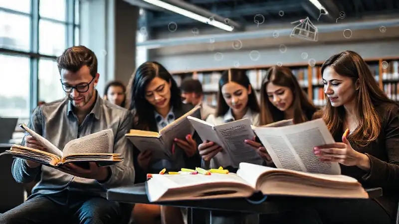 Estudiantes estudian en biblioteca legal moderna