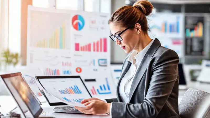 Mujer analiza datos en estrategia de negocio