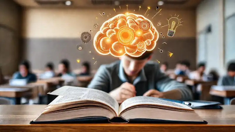 Estudiante estudia en aula con notas resaltadas
