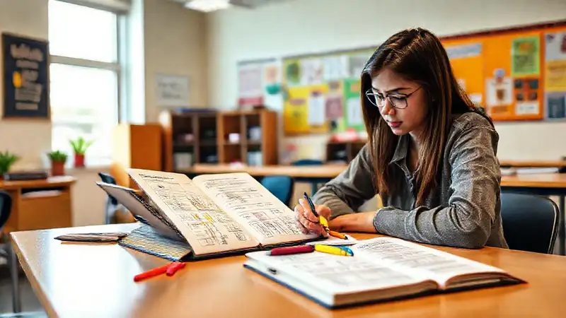 Estudiante estudia en escritorio colorido y organizado
