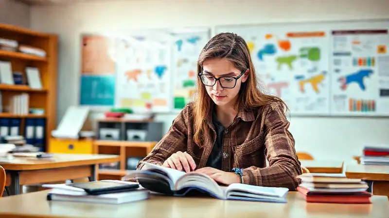 Estudiante concentrado estudiando en un aula organizada
