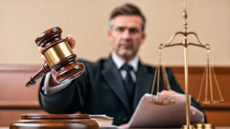 Escenario legal con juez y símbolos de justicia